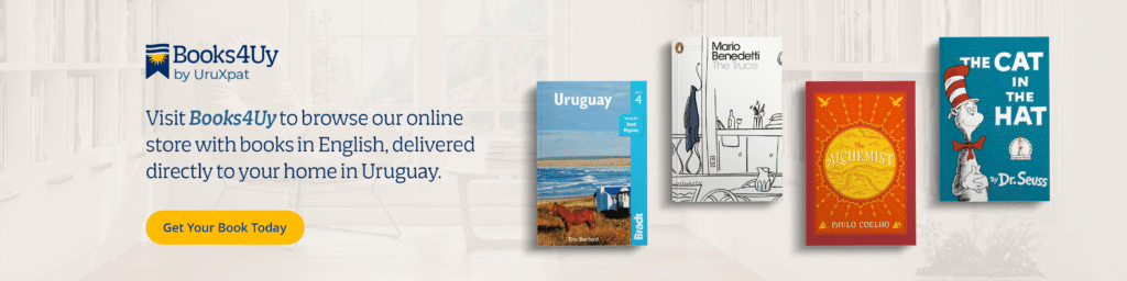 Books4Uy banner featuring English books available for delivery in Uruguay, including travel guides, literature, and children’s books.